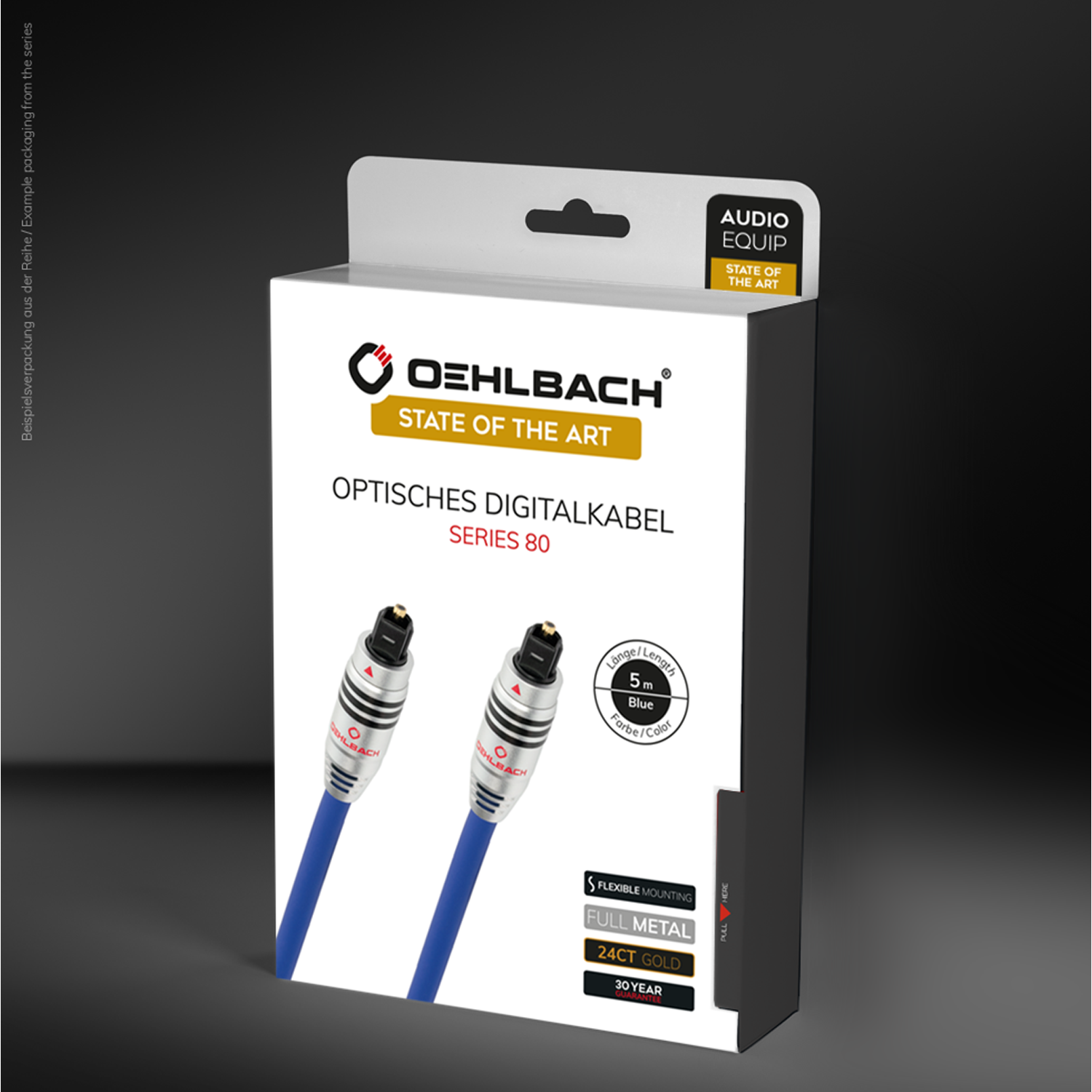 Box mit optischem Digitalkabel, blauem Kabel und weissem Etikett.
