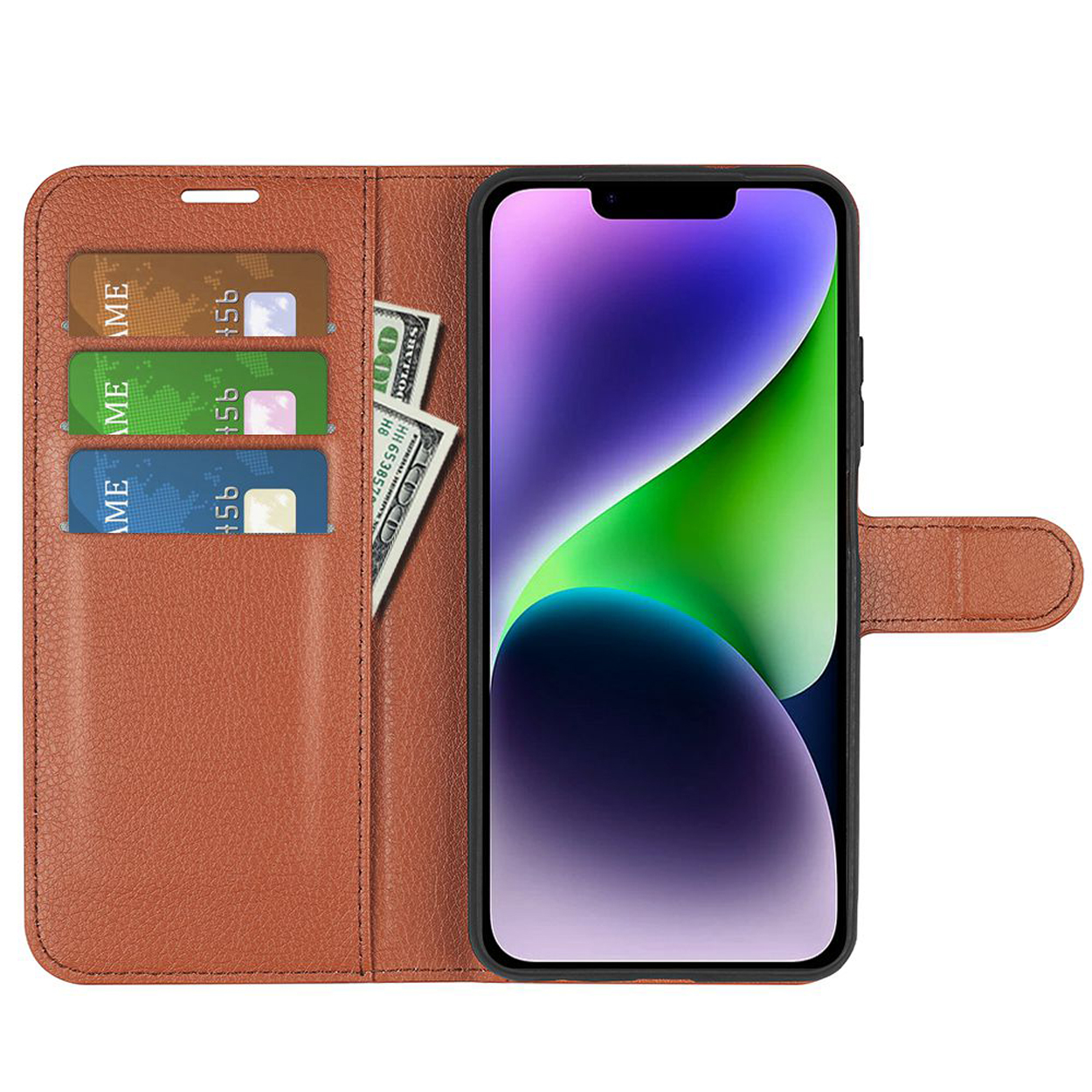 Phone in brown wallet case. Cards and cash are in slots. Black phone screen is visible.