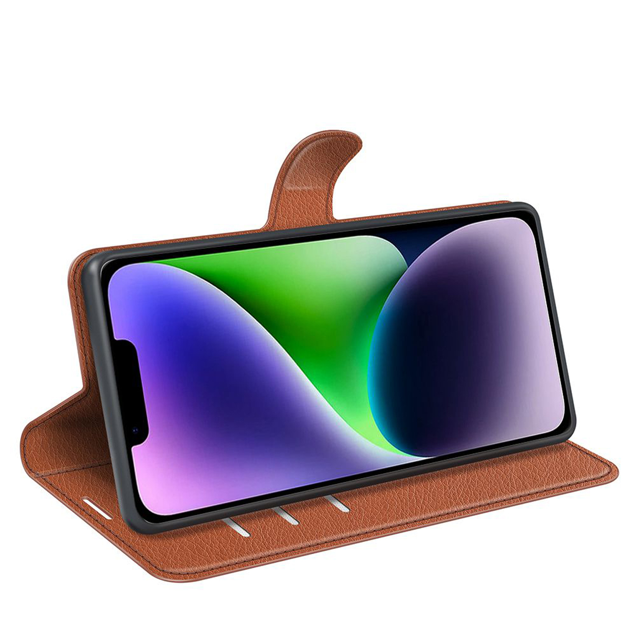 Smartphone in a brown leather wallet case, screen displaying a colorful image.