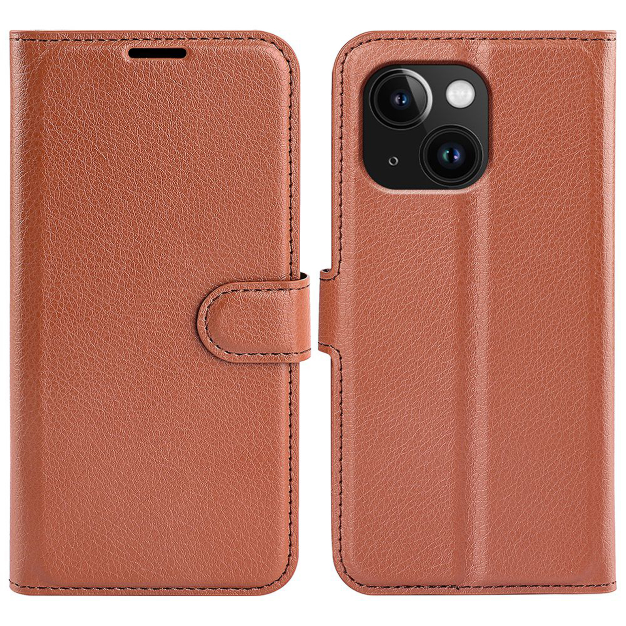 Open brown leather phone case. Shows the phone's camera and the inside of the case.