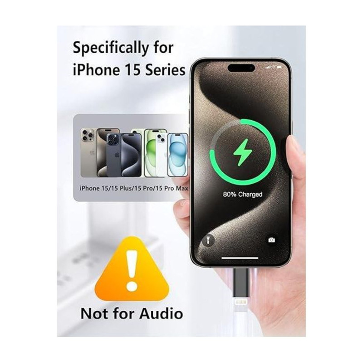 Telefon ładujący się z symbolem błyskawicy, oznaczony '80% Naładowany' i tekstem 'Not for Audio'.