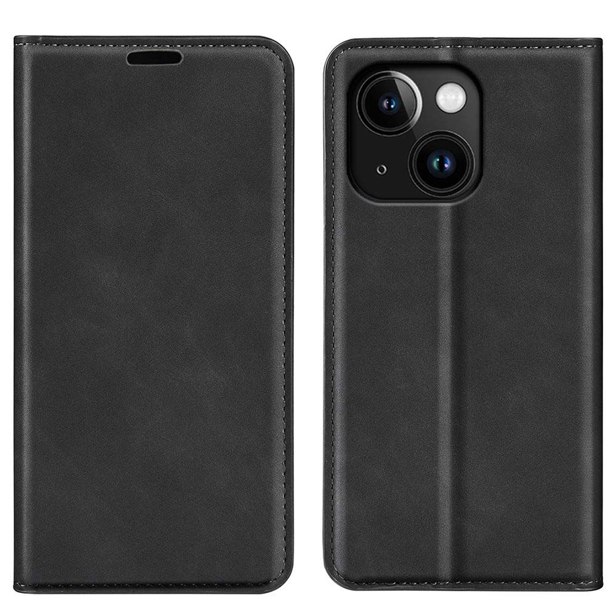 Zwarte telefoonhoes, gesloten en open. Toont de camera van de telefoon en de binnenkant van de hoes.