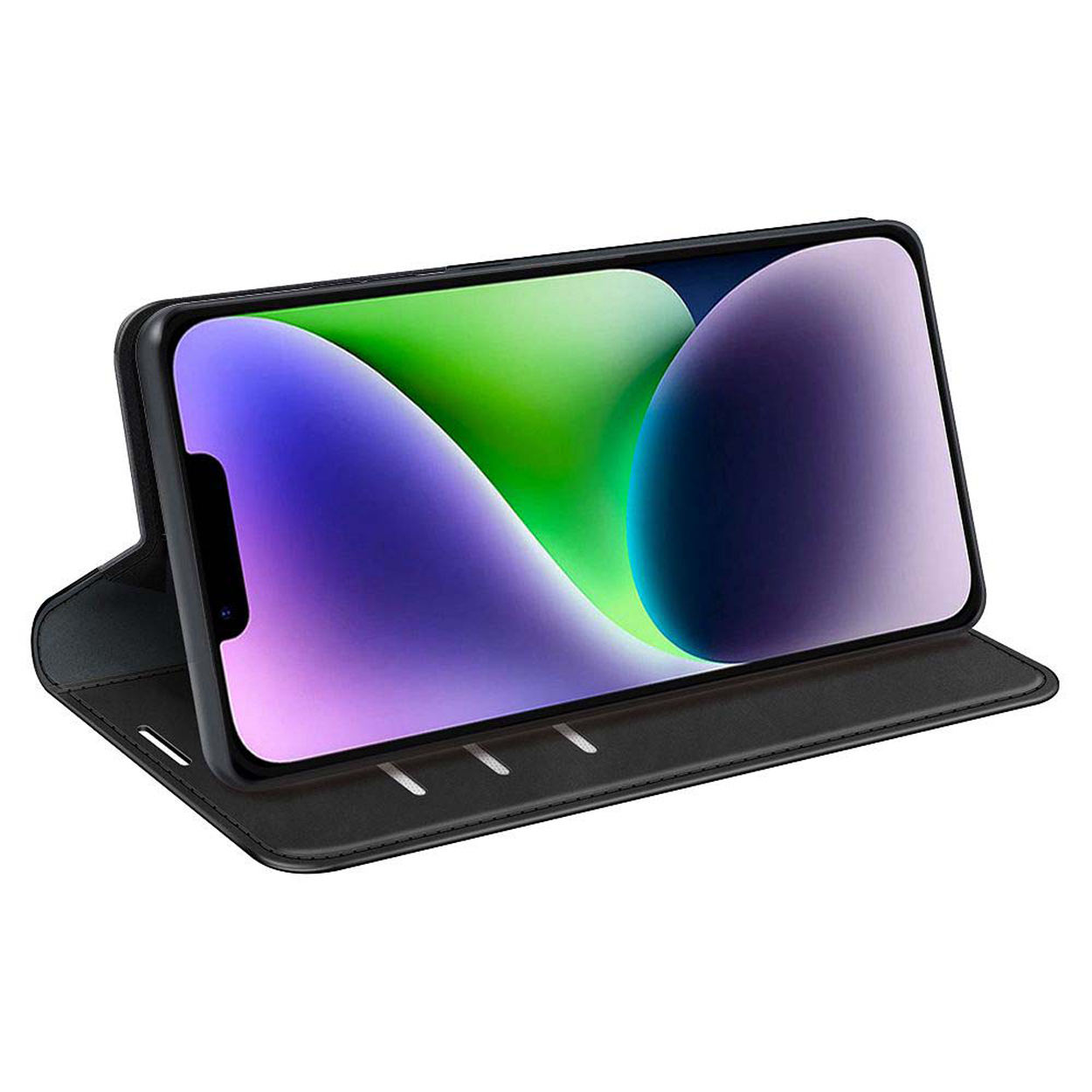 Zwarte telefoonhoes, open met telefoon, scherm toont groen en paars design.