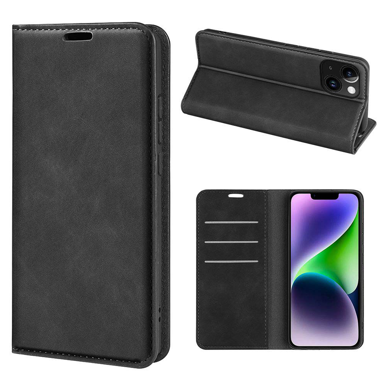 Zwarte telefoonhoes met een telefoon. Verschillende aanzichten van de folio case, open en dicht.