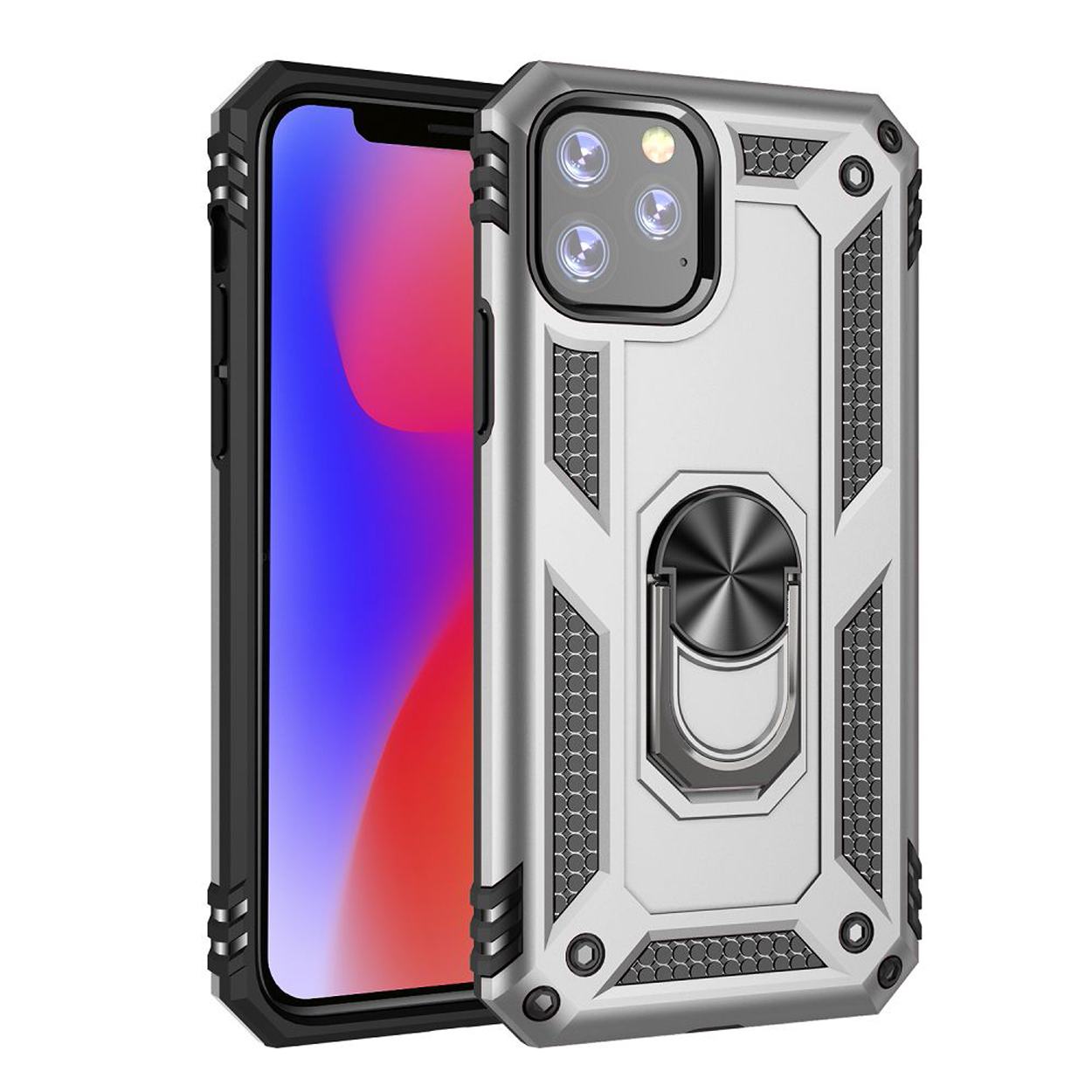 Zilveren en witte telefoonhoes met ringhouder.