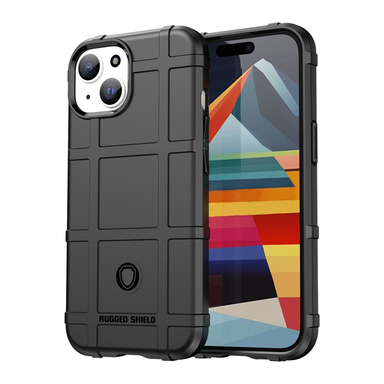 Coque de téléphone noire avec motif quadrillé. Le téléphone est à l'intérieur. Fond : blanc.