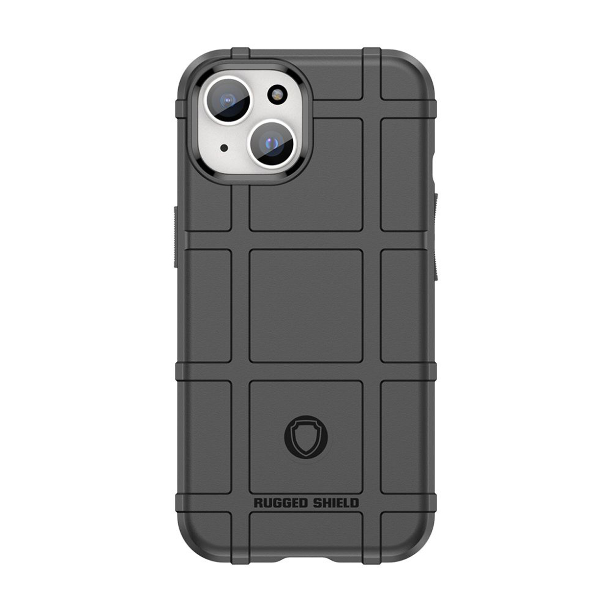 Coque de téléphone noire avec un motif quadrillé. La coque a un design robuste avec des découpes.