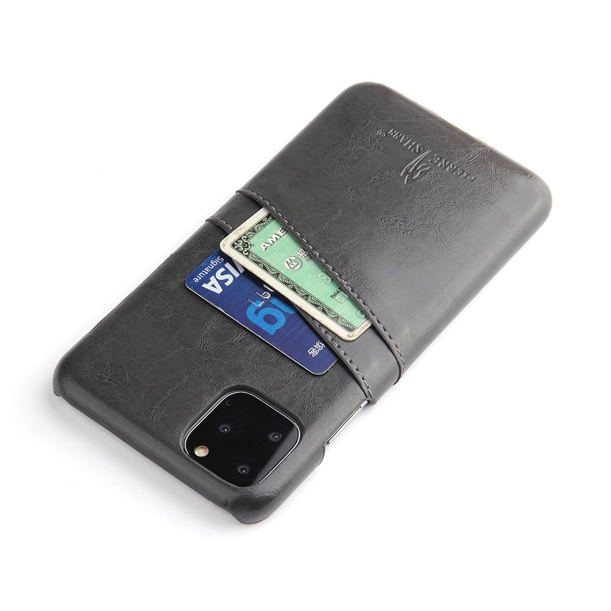 Grijze telefoonhoes met kaarten in een sleuf. Kaarten: Visa, American Express en een groene kaart.