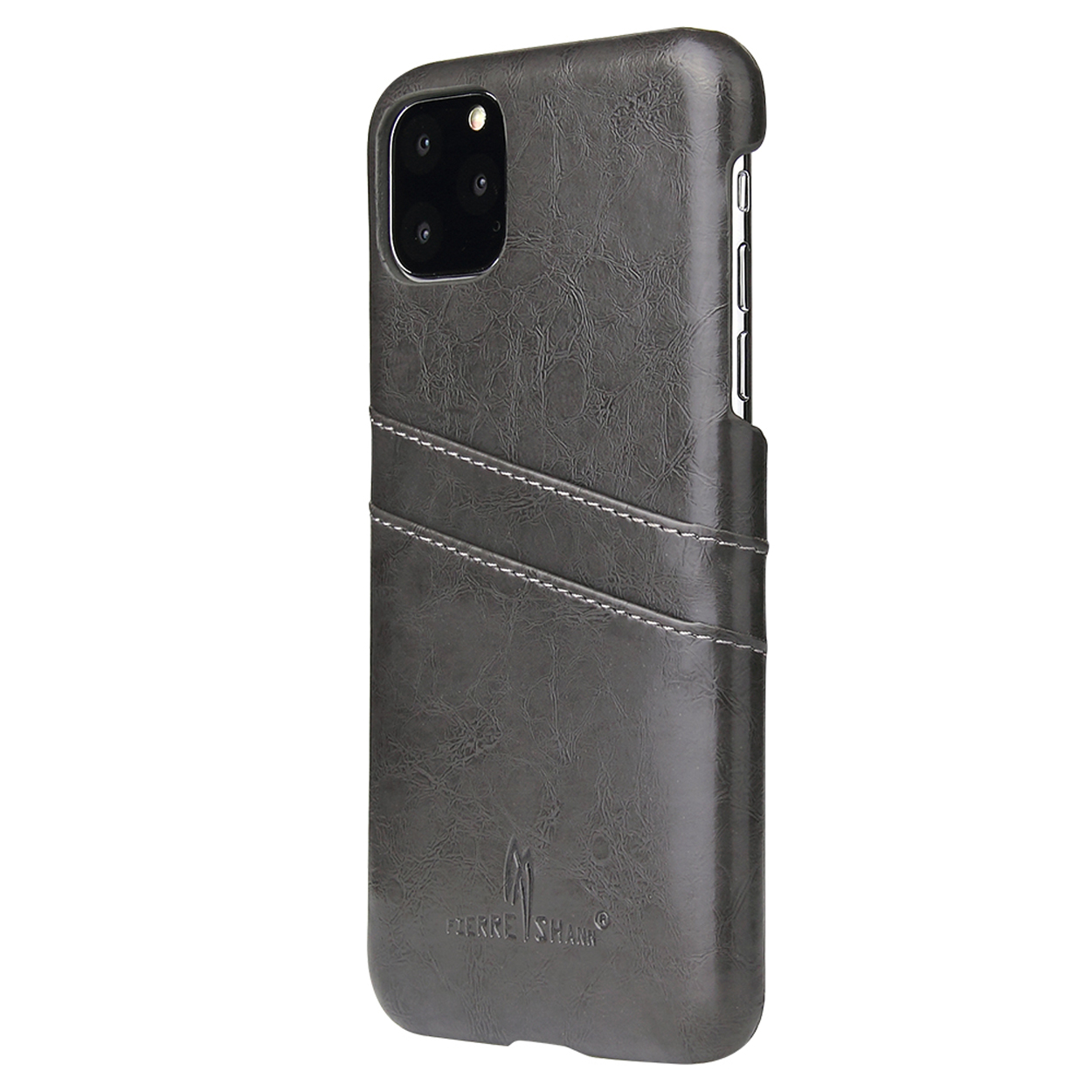 Grijze telefoonhoes met kaartsleuven en merklogo.