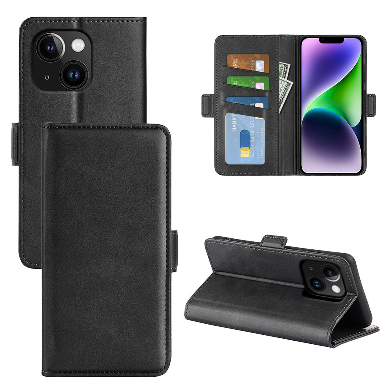Coque de téléphone noire avec plusieurs vues : fermée, ouverte avec téléphone et téléphone debout.