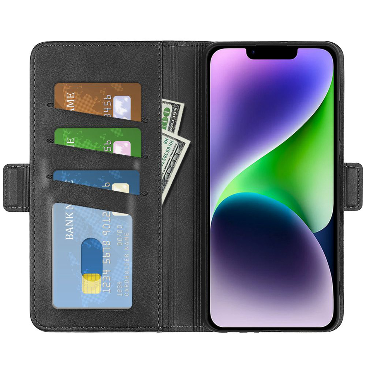 Étui de téléphone en cuir noir, ouvert. Affiche téléphone, cartes et argent. Fentes et fermoir magnétique.
