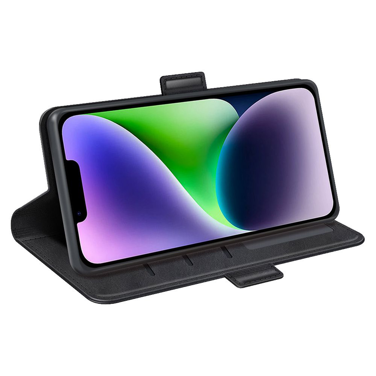 Téléphone dans un étui en cuir noir, ouvert. Le téléphone a un arrière-plan abstrait et coloré.