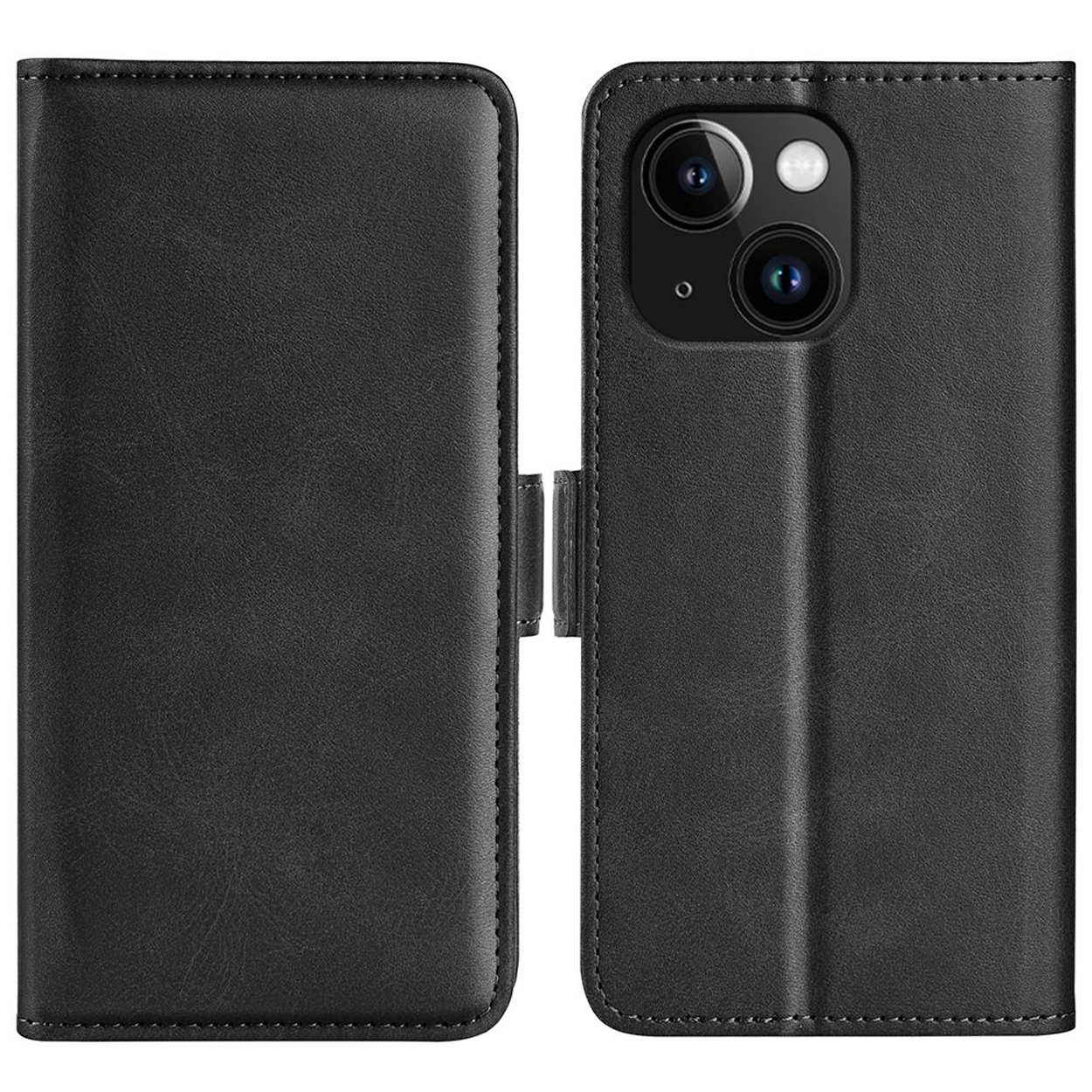 Coque de téléphone noire, ouverte et fermée. L'étui ouvert montre l'écran. Le fermé montre le dos.