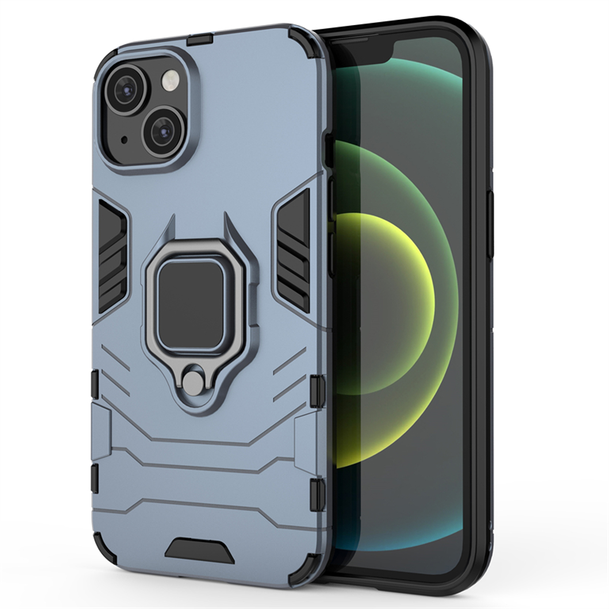 Blue phone case with a ring. Phone is on the right side. White background.