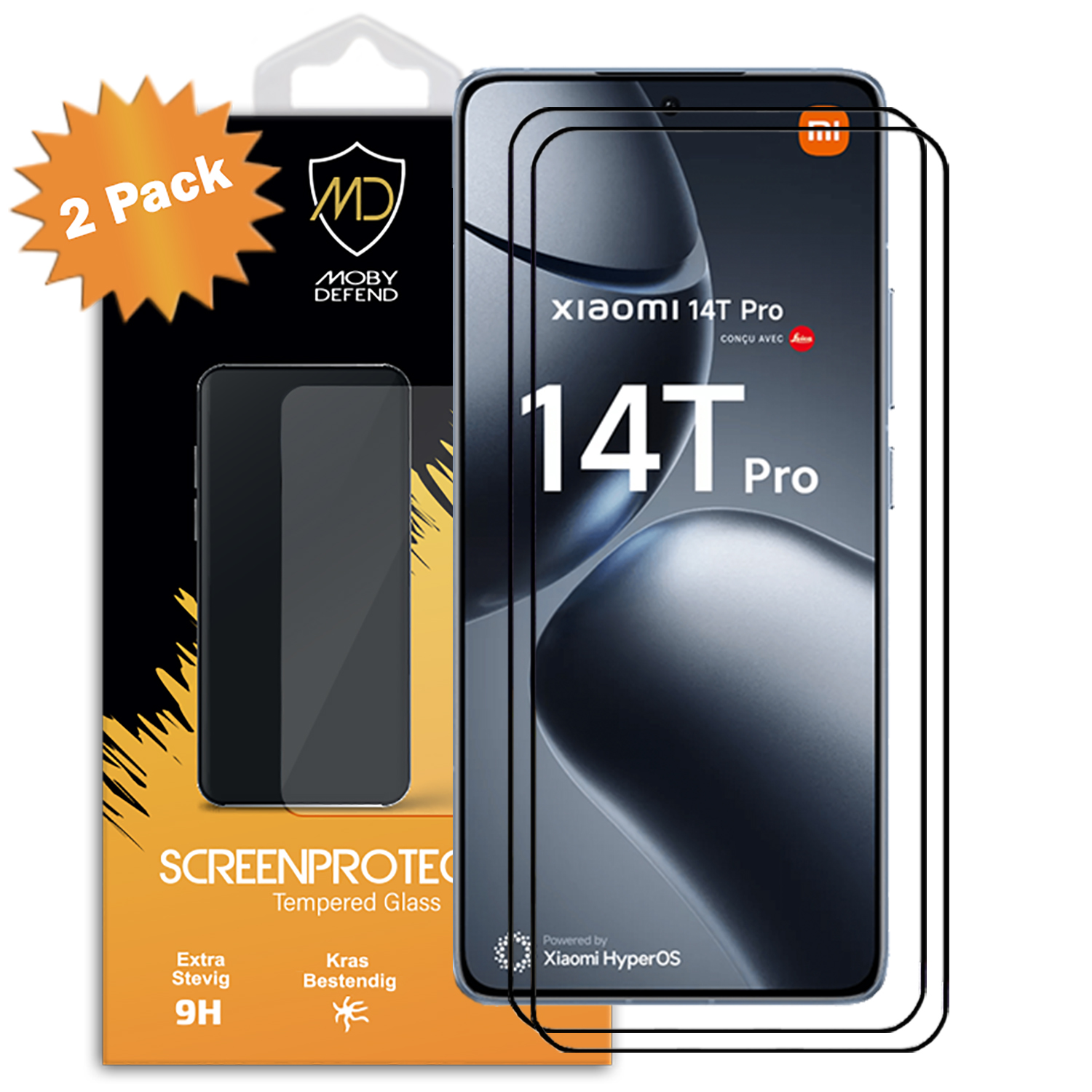 Screenprotectors met een telefoon. Tekst: 'Xiaomi 14T Pro'. Twee protectors in de verpakking.