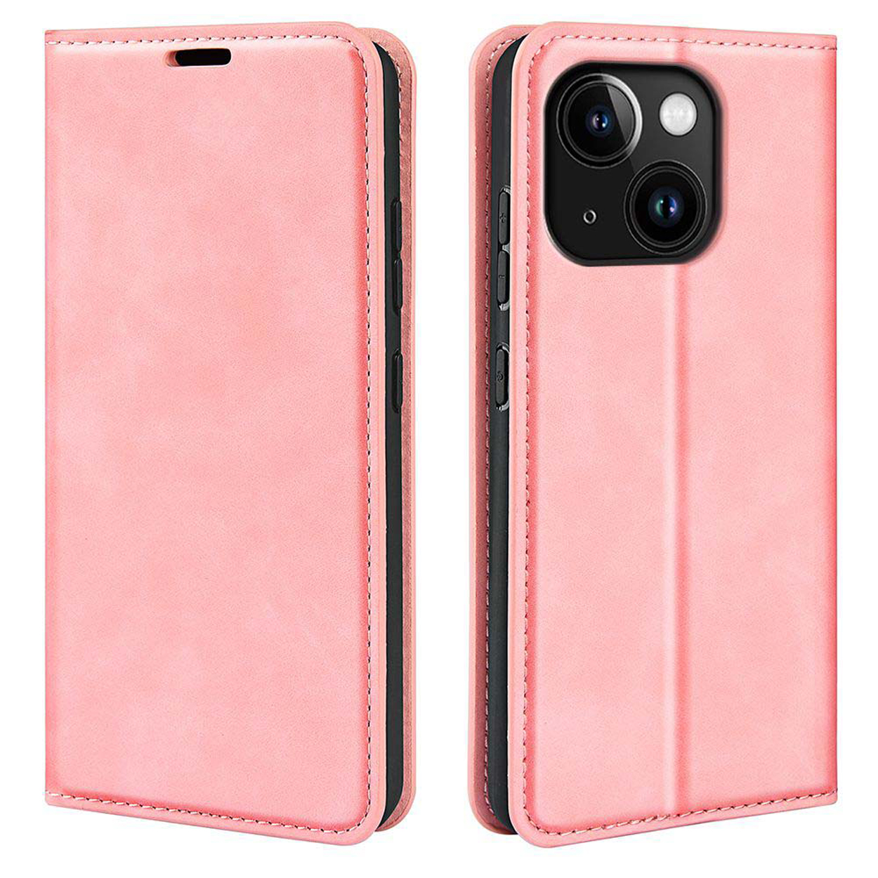 Roze telefoonhoes, gesloten, voor- en achteraanzicht, roze oppervlak.
