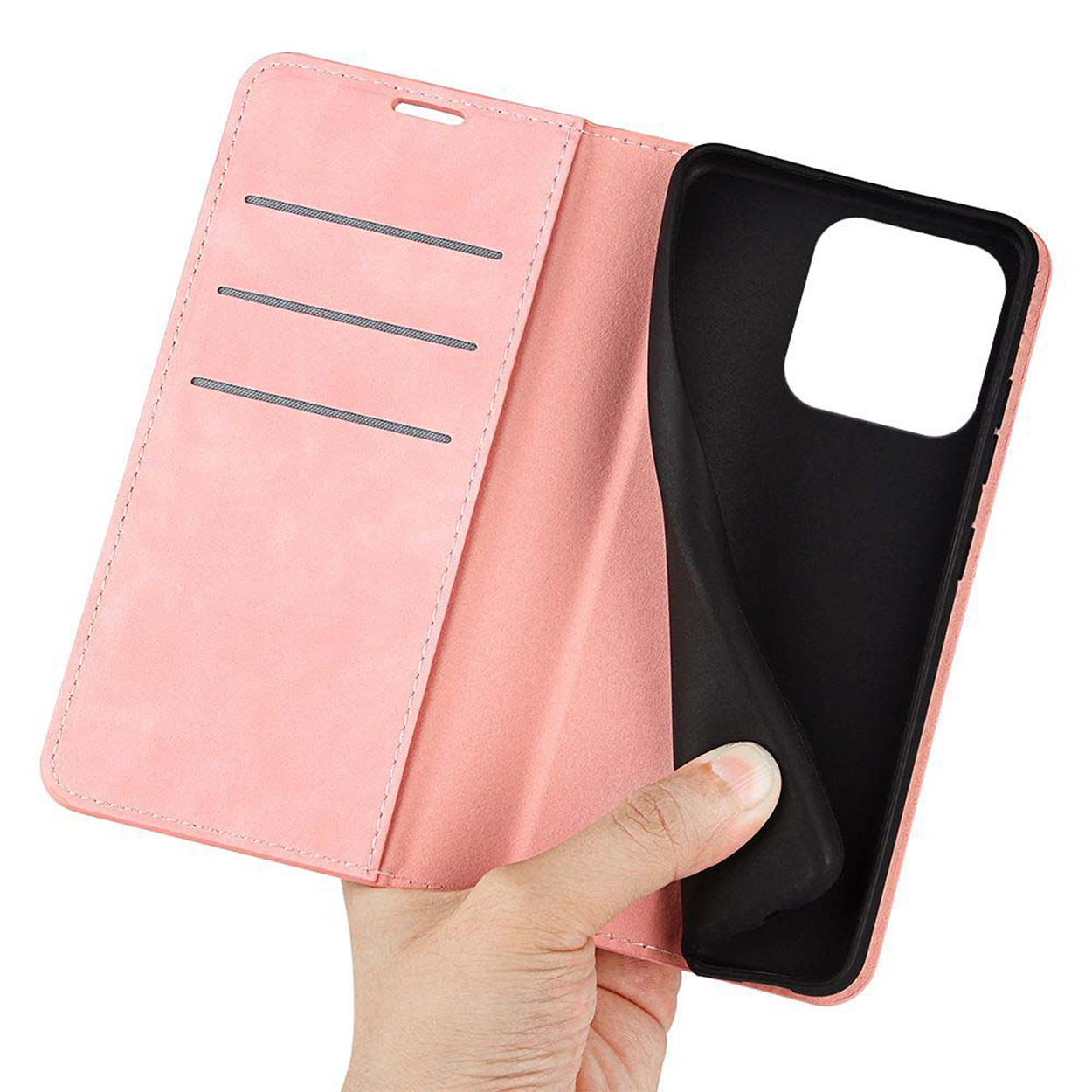 Roze leren telefoonhoes, open. Hand houdt een telefoon vast en toont de binnenkant van de hoes.
