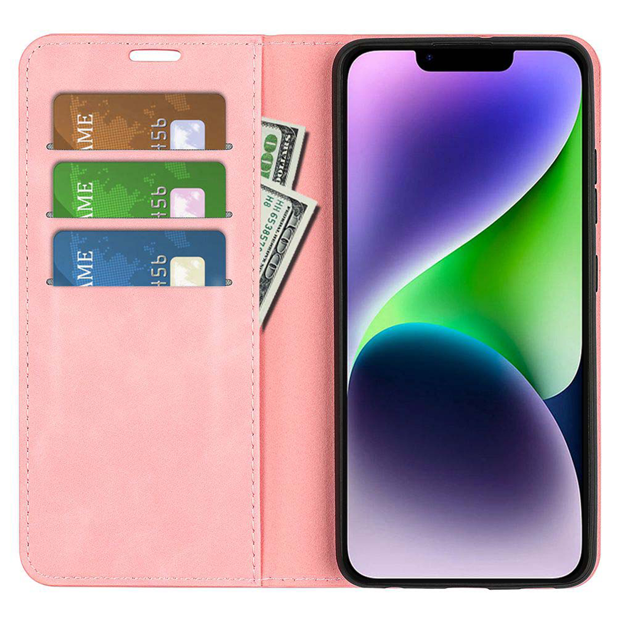 Roze telefoonhoes met telefoon erin, kaarten en geld. De telefoon heeft een kleurrijk scherm.