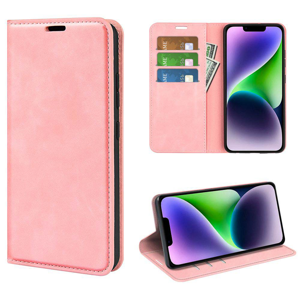 Roze telefoonhoes, open. Telefoon met kaarten en contant geld. Open hoes met gekantelde telefoon.
