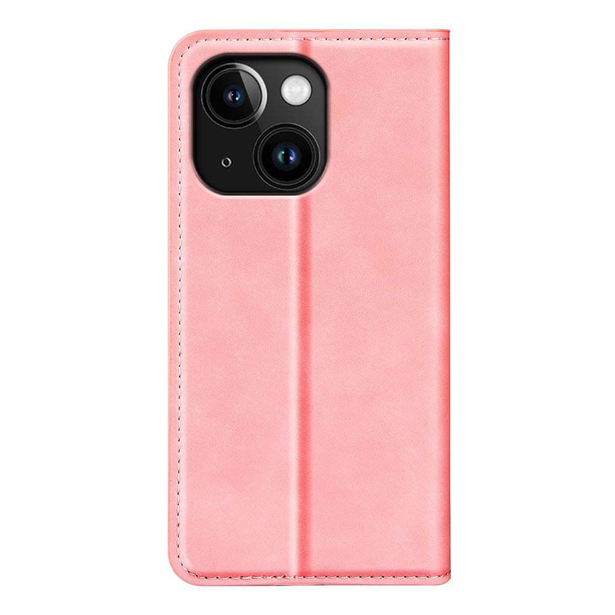 Roze telefoonhoes, gesloten. Toont de cameralenzen. De hoes is gesloten.