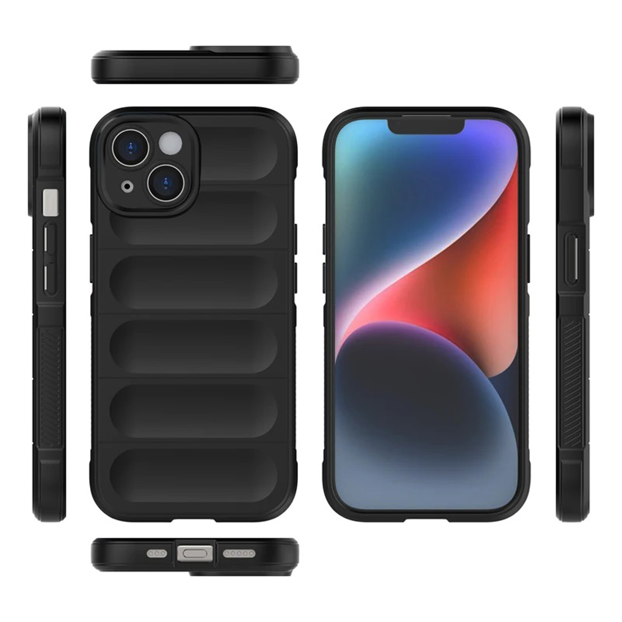 Black phone case, multiple views. Shows the phone case from different angles.