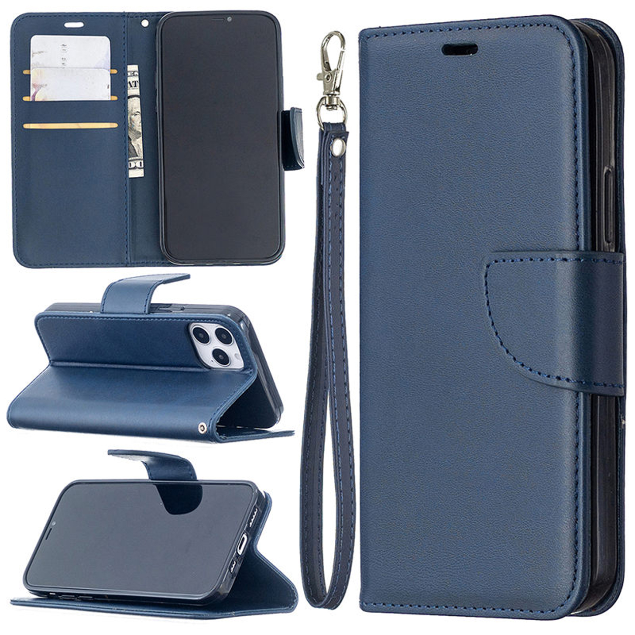 Étui de téléphone en cuir bleu. Plusieurs vues : fermé, ouvert avec cartes et téléphone, et téléphone en support.