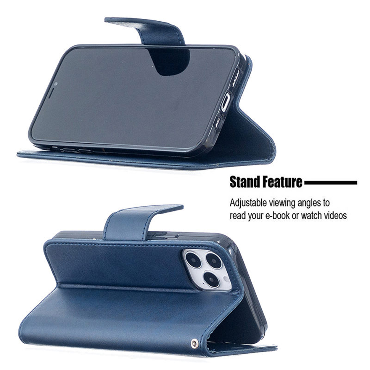 Coque de téléphone bleue, ouverte et montrant le téléphone. Le téléphone est debout dans la coque. Texte sur la fonction support.
