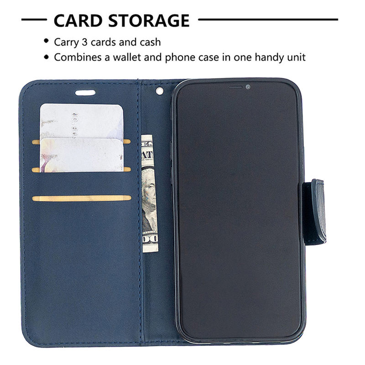 Étui portefeuille bleu pour téléphone avec cartes et argent. Téléphone visible à droite.
