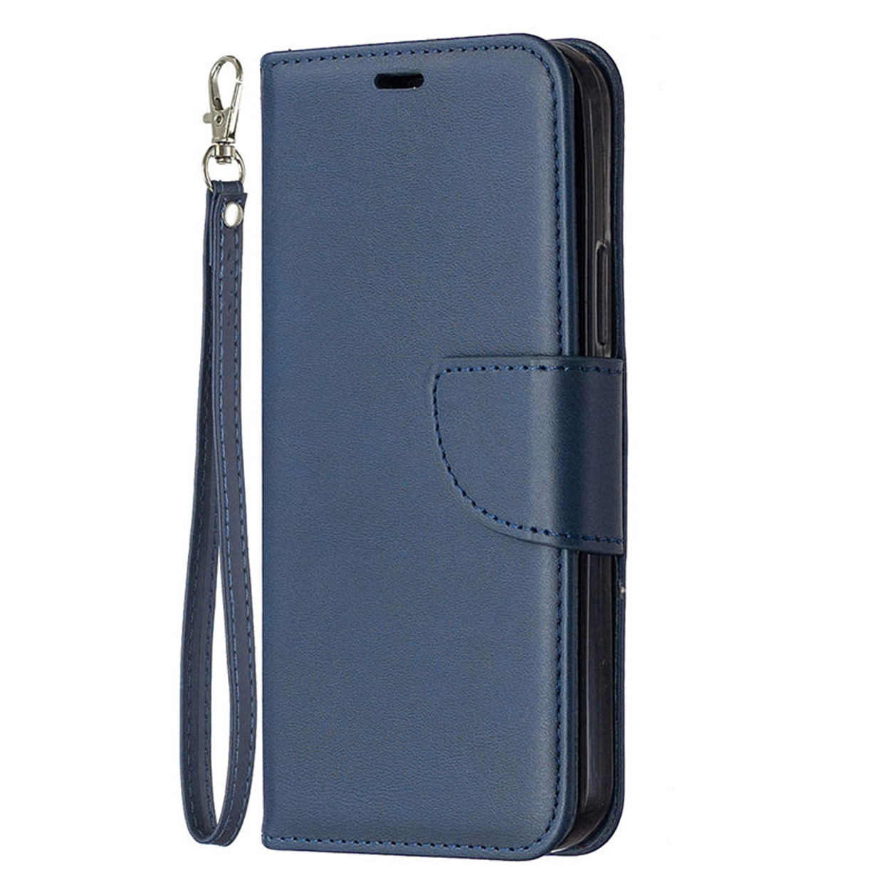 Un étui de téléphone en cuir bleu avec une dragonne. Il est fermé.