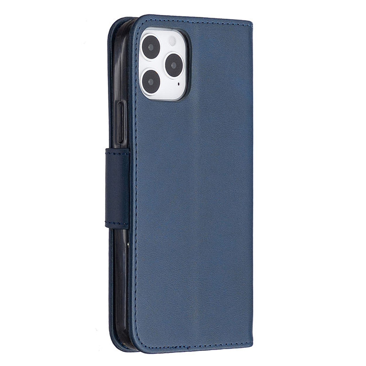 Étui de téléphone en cuir bleu, fermé. Avec fermoir magnétique et finition lisse.