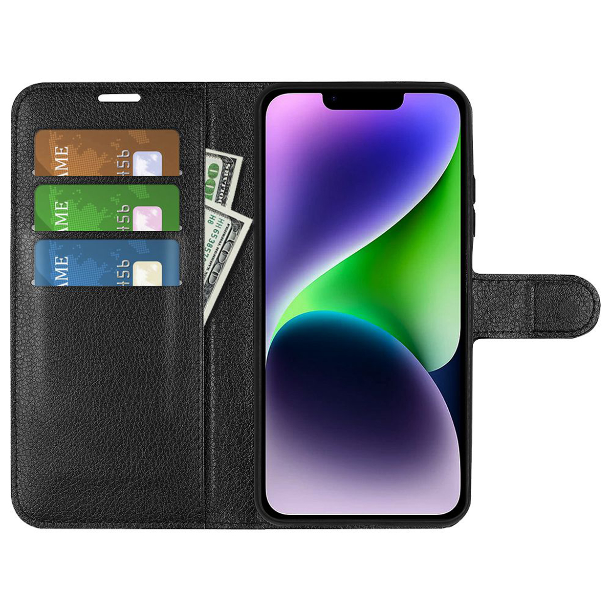 Black leather phone case open with cards and cash visible, phone inside displaying a gradient.
