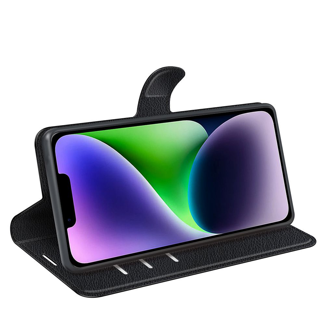 Black phone in a black leather case, open with a stand. Phone screen shows colors.
