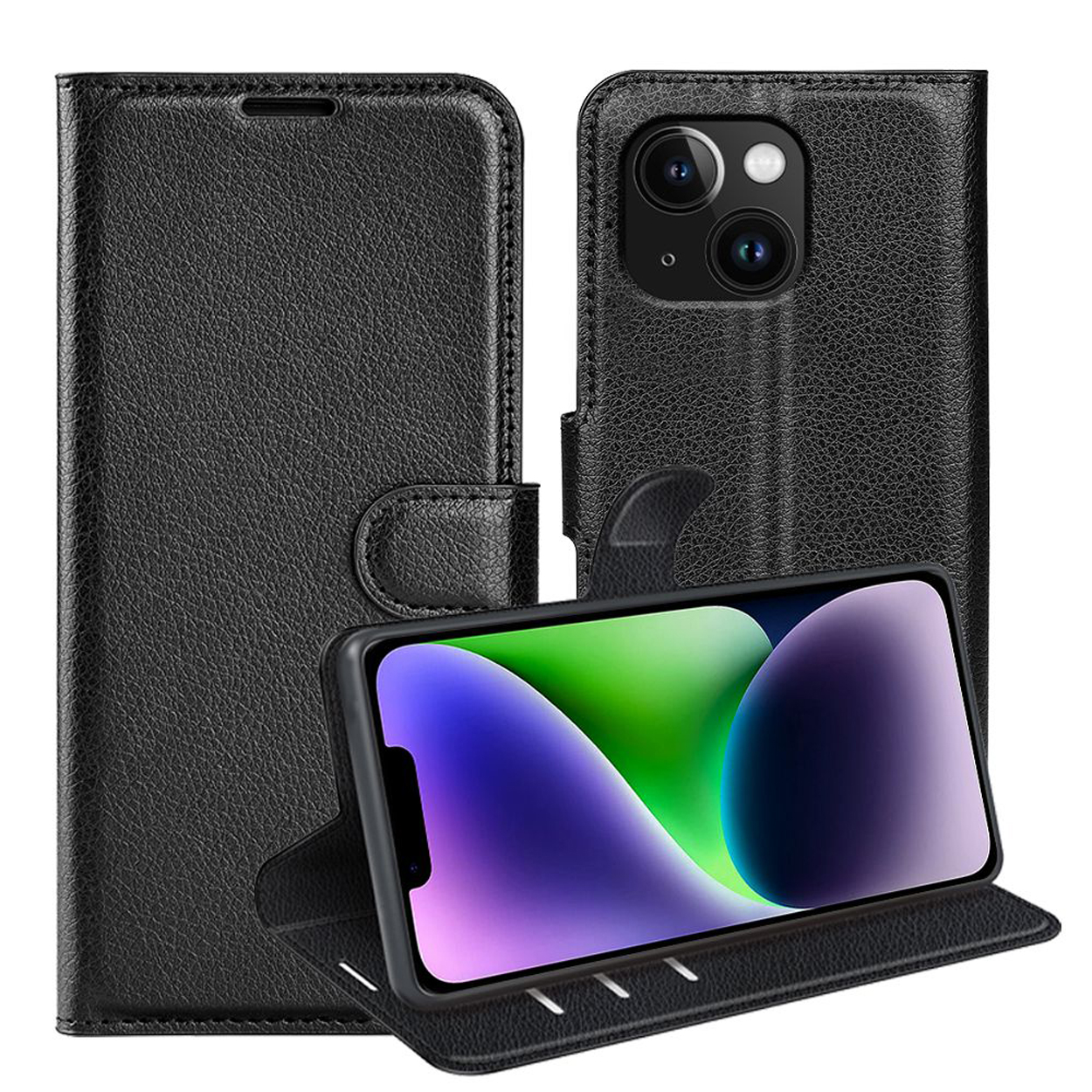 Black phone case open, revealing phone. Background: white.