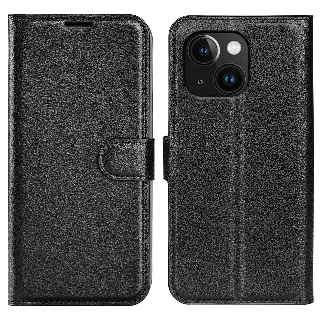 Black leather phone case, open and closed. Phone case is shown closed and open.