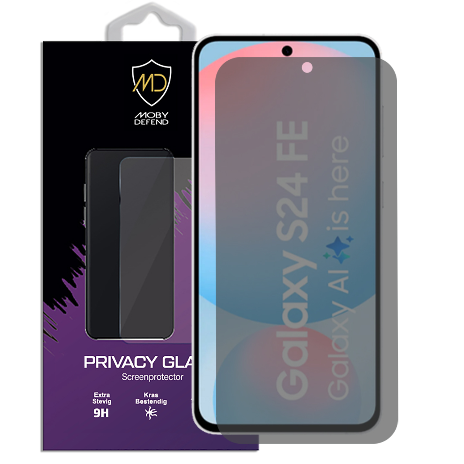 Protecteur d'écran dans une boîte. Texte : Moby Defend, Privacy Glass, Galaxy S24 FE et Galaxy AI.