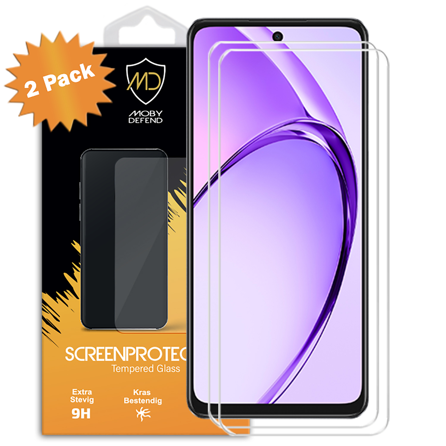 Screenprotector verpakking met telefoonscherm. Tekst: 'Galaxy S24 FE'. Duidelijke protectors zichtbaar.