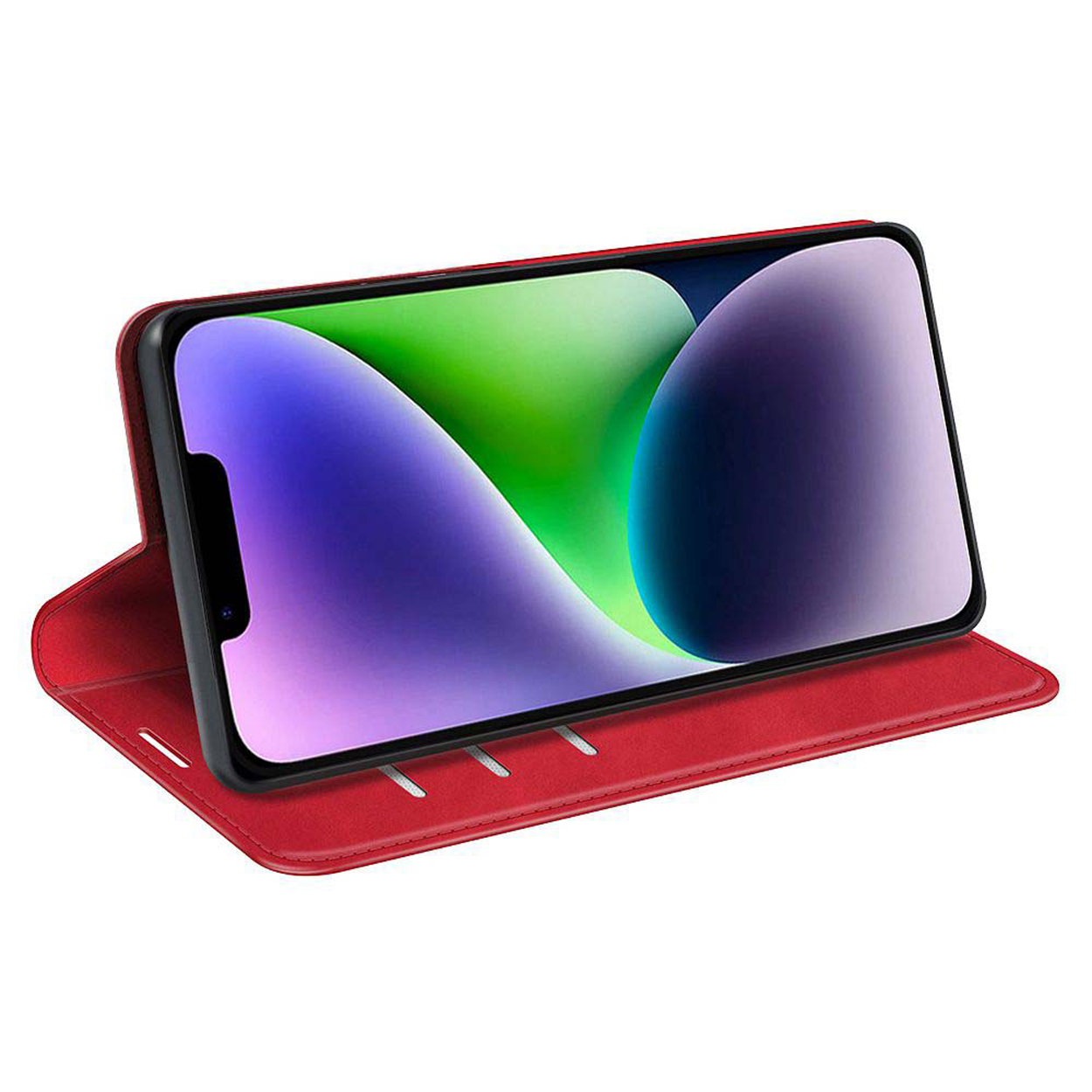 Rode telefoonhoes met telefoon. Telefoon toont kleurrijk behang.
