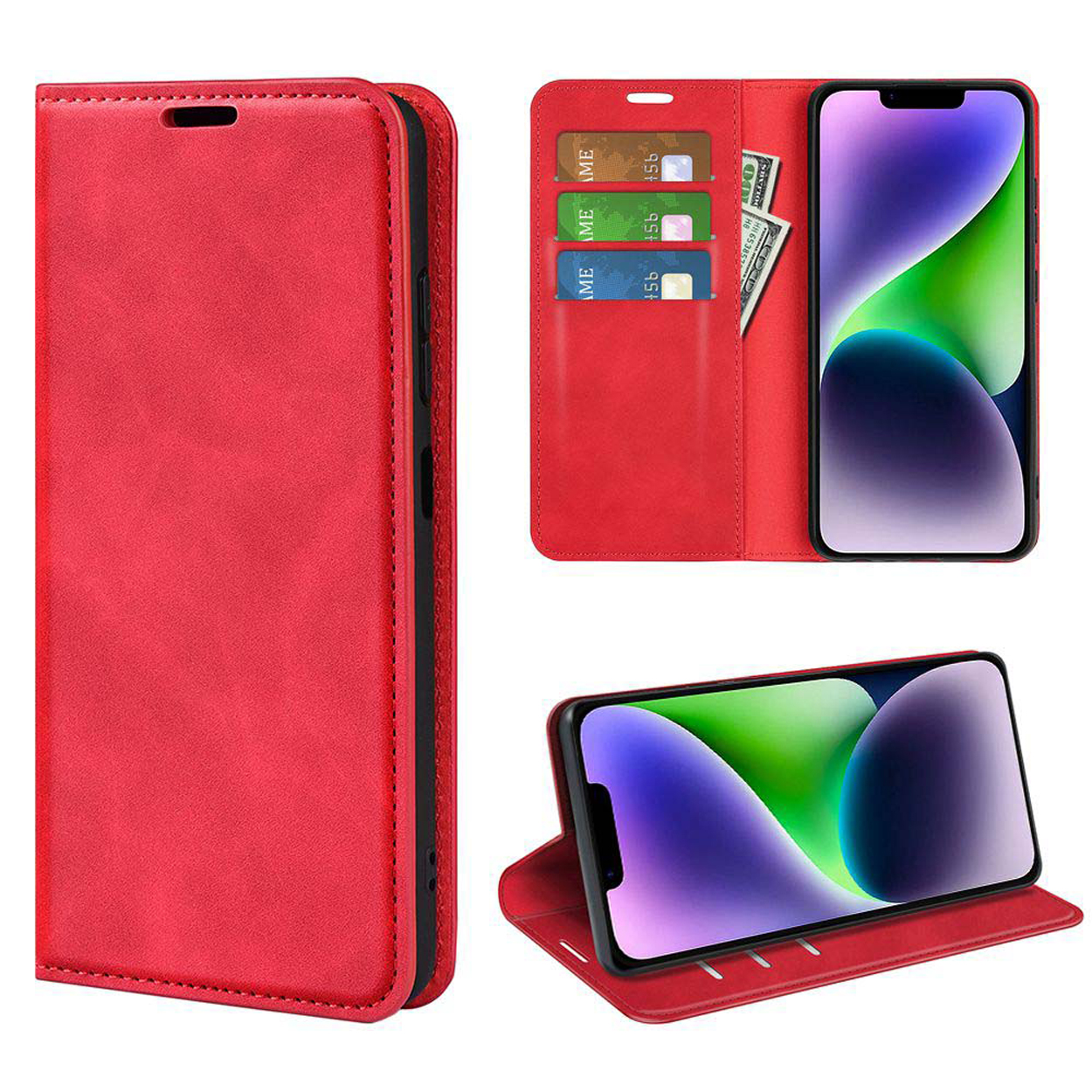 Rode folio telefoonhoes met telefoon erin. De case heeft kaartsleuven en een standfunctie.