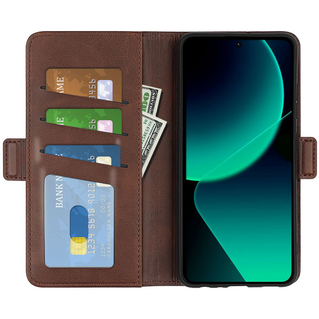 Bruin leren telefoonhoesje, open, met telefoon erin. Toont kaarten, geld en een telefoonscherm.