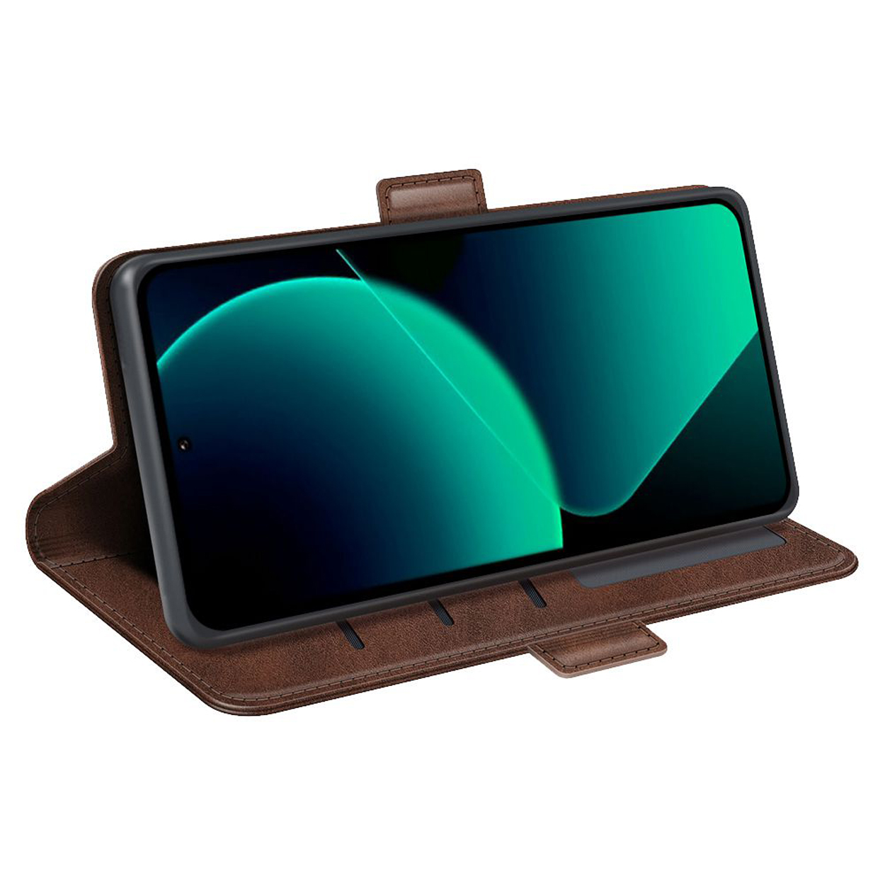 Bruine leren telefoonhoes, open. Telefoon zit erin, met een groen en blauw abstract behang.
