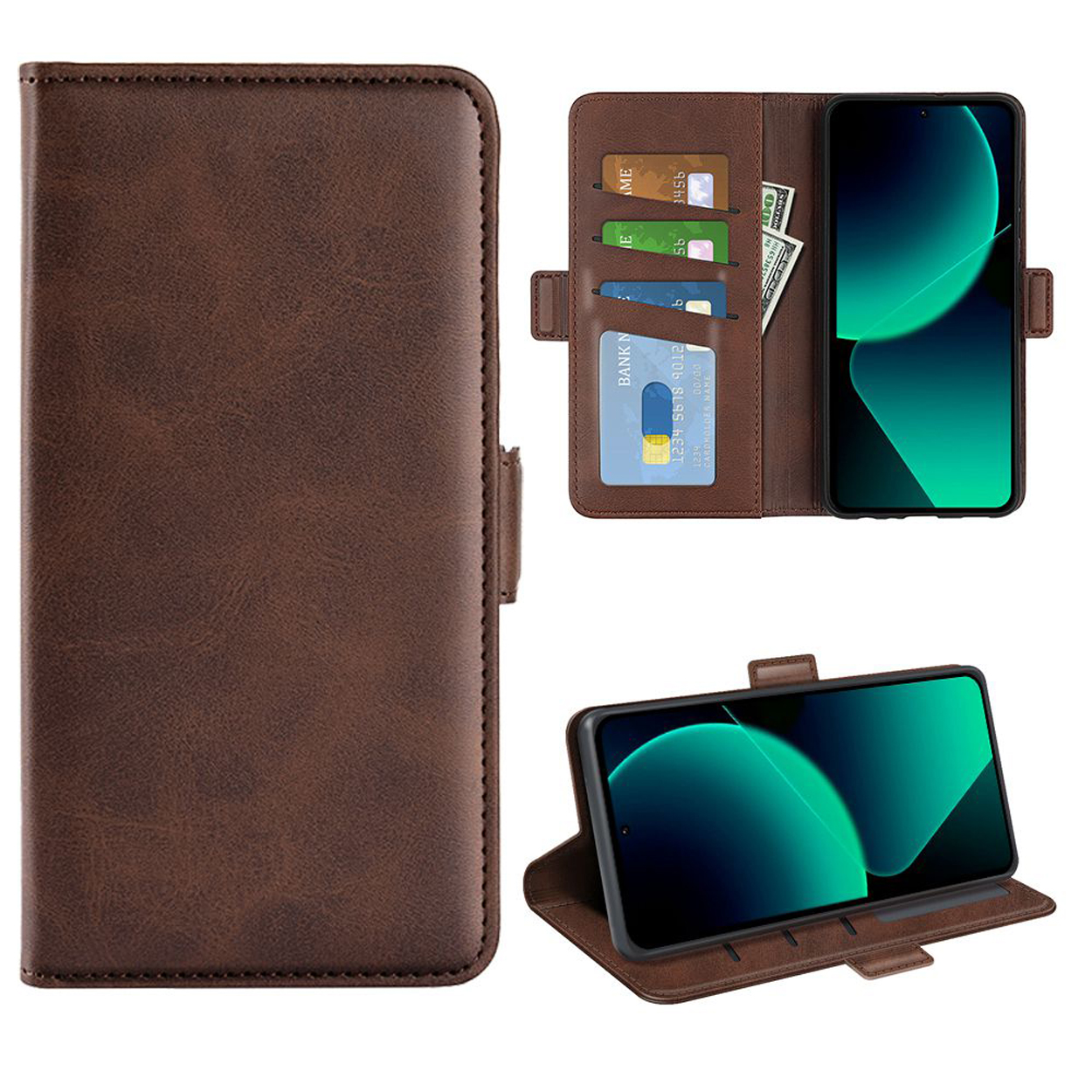 Bruine telefoonhoes, open, met telefoon, kaarten en geld. Telefoon wordt getoond als standaard en open.