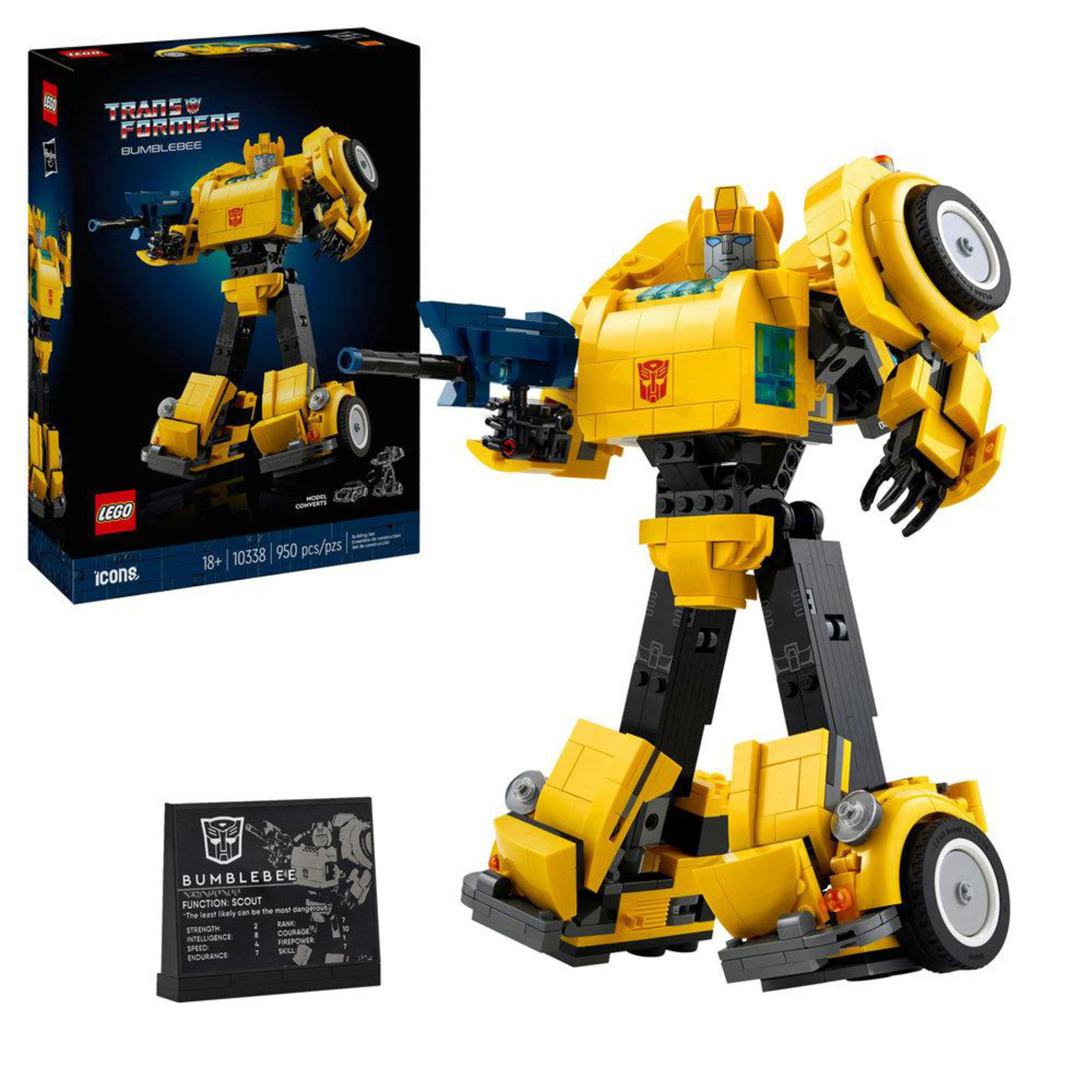 Transformer Lego Bumblebee i pudełko. Transformer jest żółto-czarny i jest na wystawie.