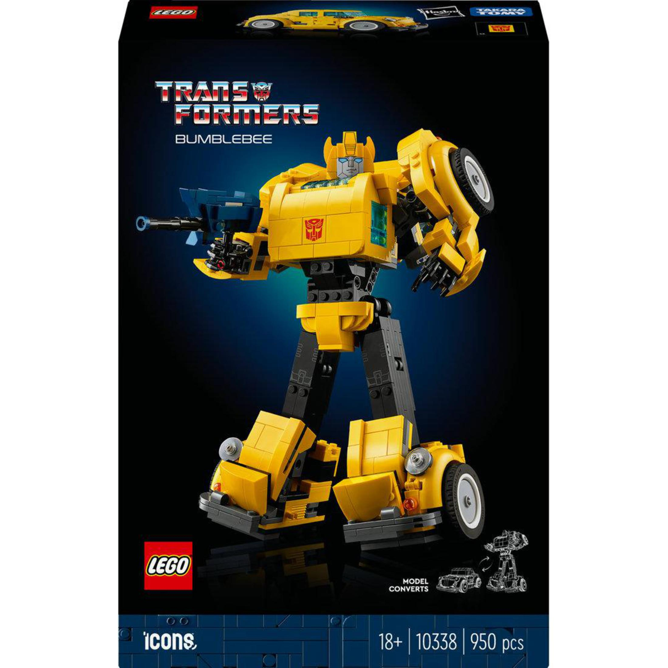 Zestaw modeli Lego Transformers Bumblebee. Żółty robot, czarne tło. Logo Lego.