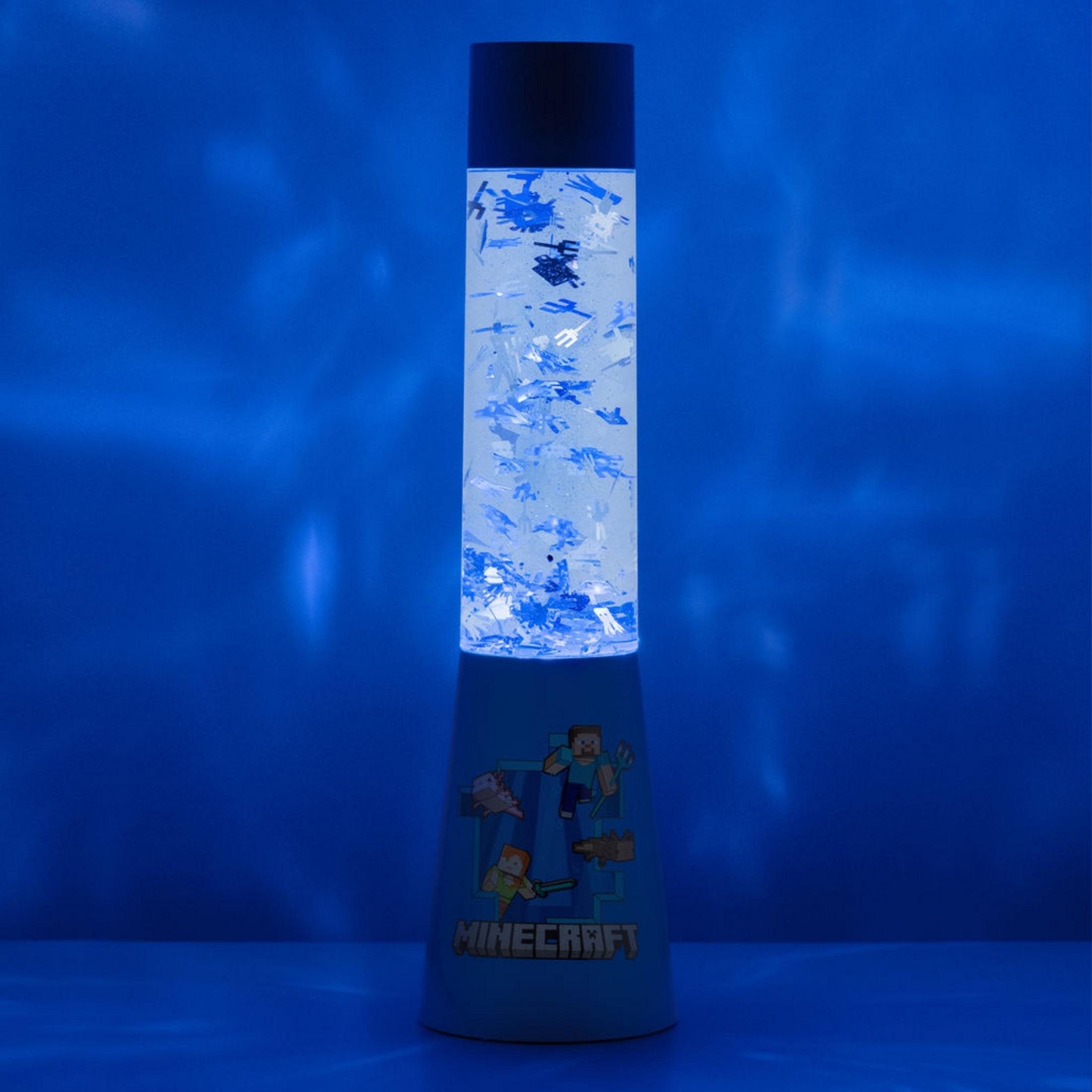 Lámpara de Minecraft. Cilindro con luz azul. Base con personajes de Minecraft.