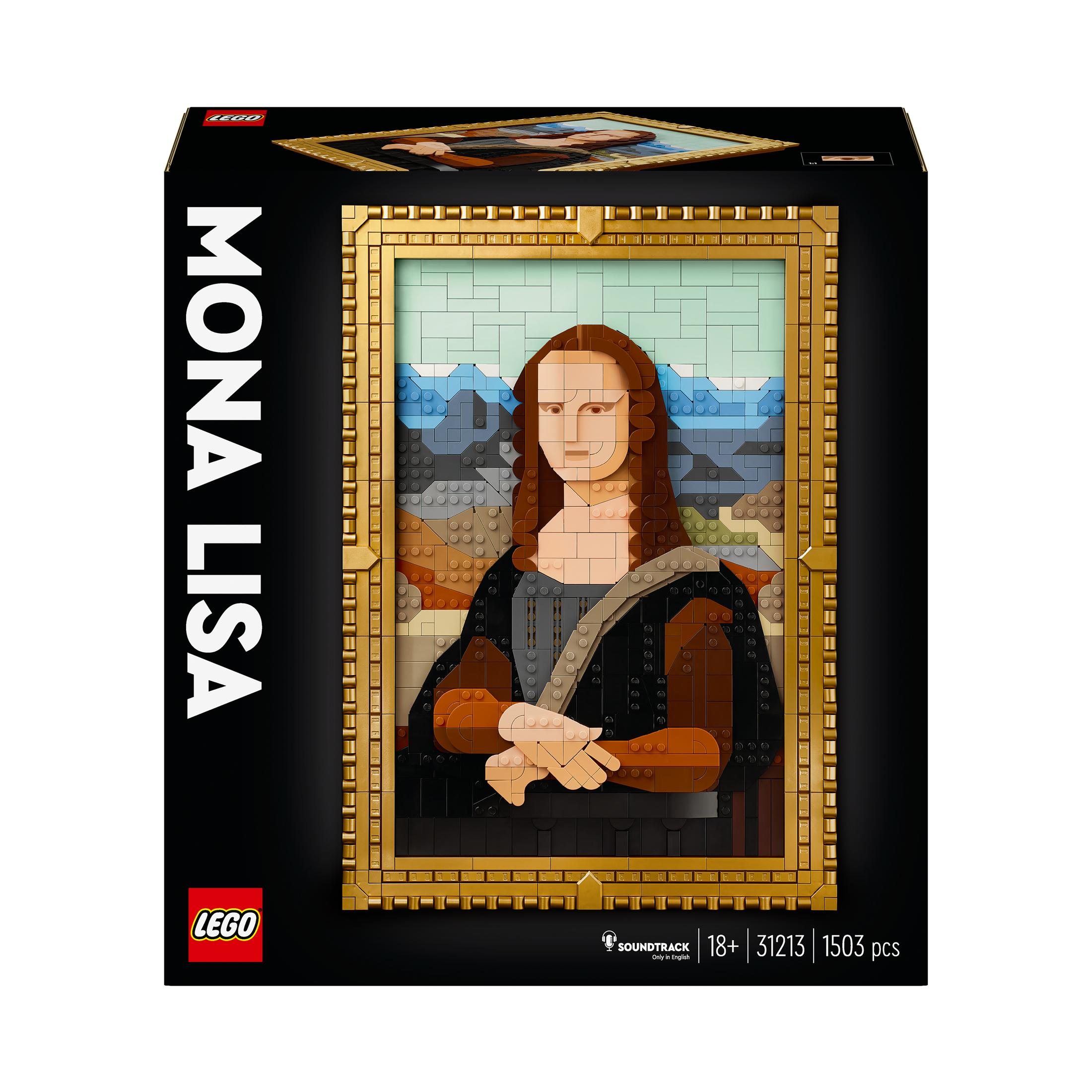 Pudełko zestawu Lego Mona Lisa, ze zdjęciem obrazu, logo LEGO i tekstem na czarnym tle.