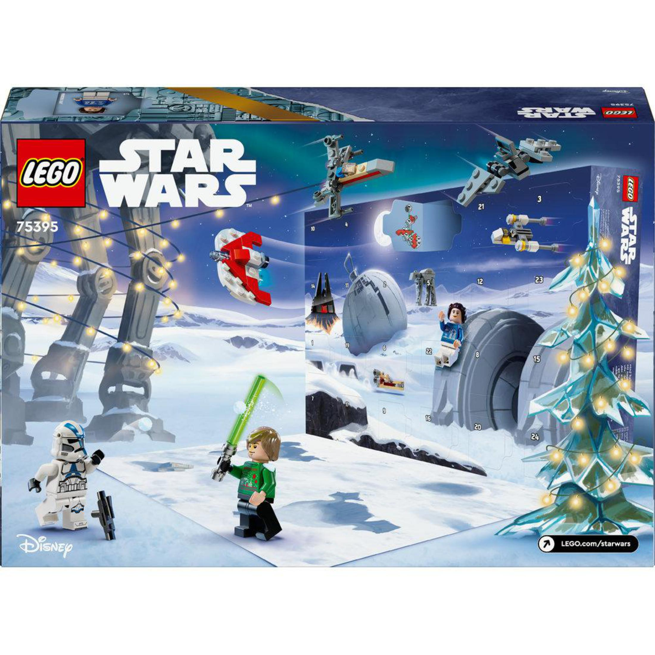 Lego Star Wars Adventskalender-Box mit Figuren und verschneiter Szene.