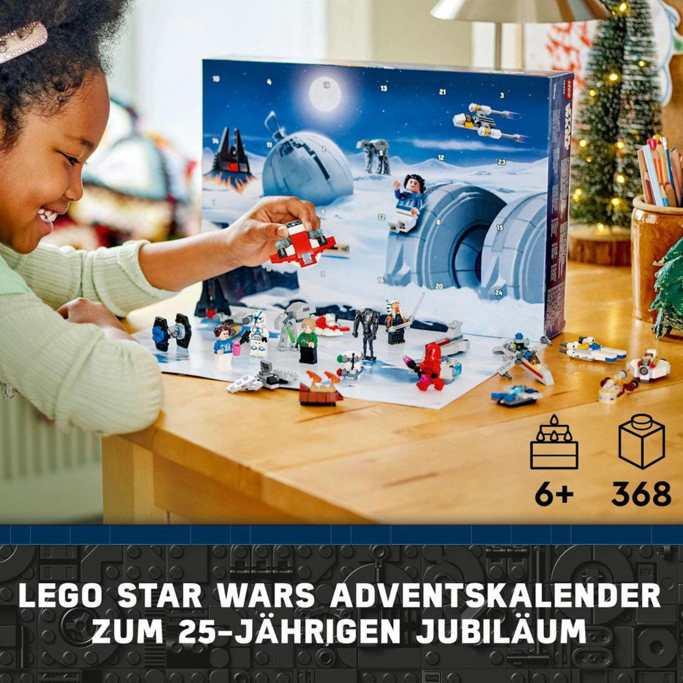 Mädchen baut mit Lego Star Wars Adventskalender, 6+, 368 Teile.