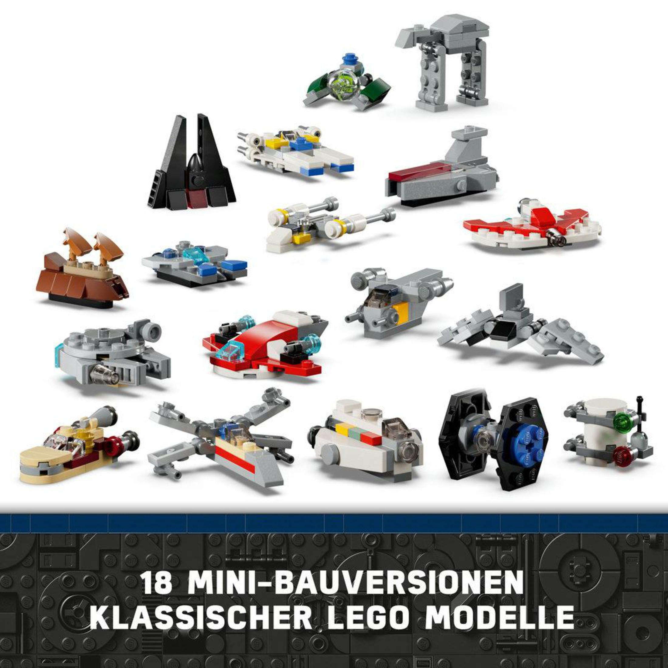 Eine Sammlung von Lego Star Wars Mini-Builds. Verschiedene kleine Raumschiffe und Strukturen werden angezeigt.