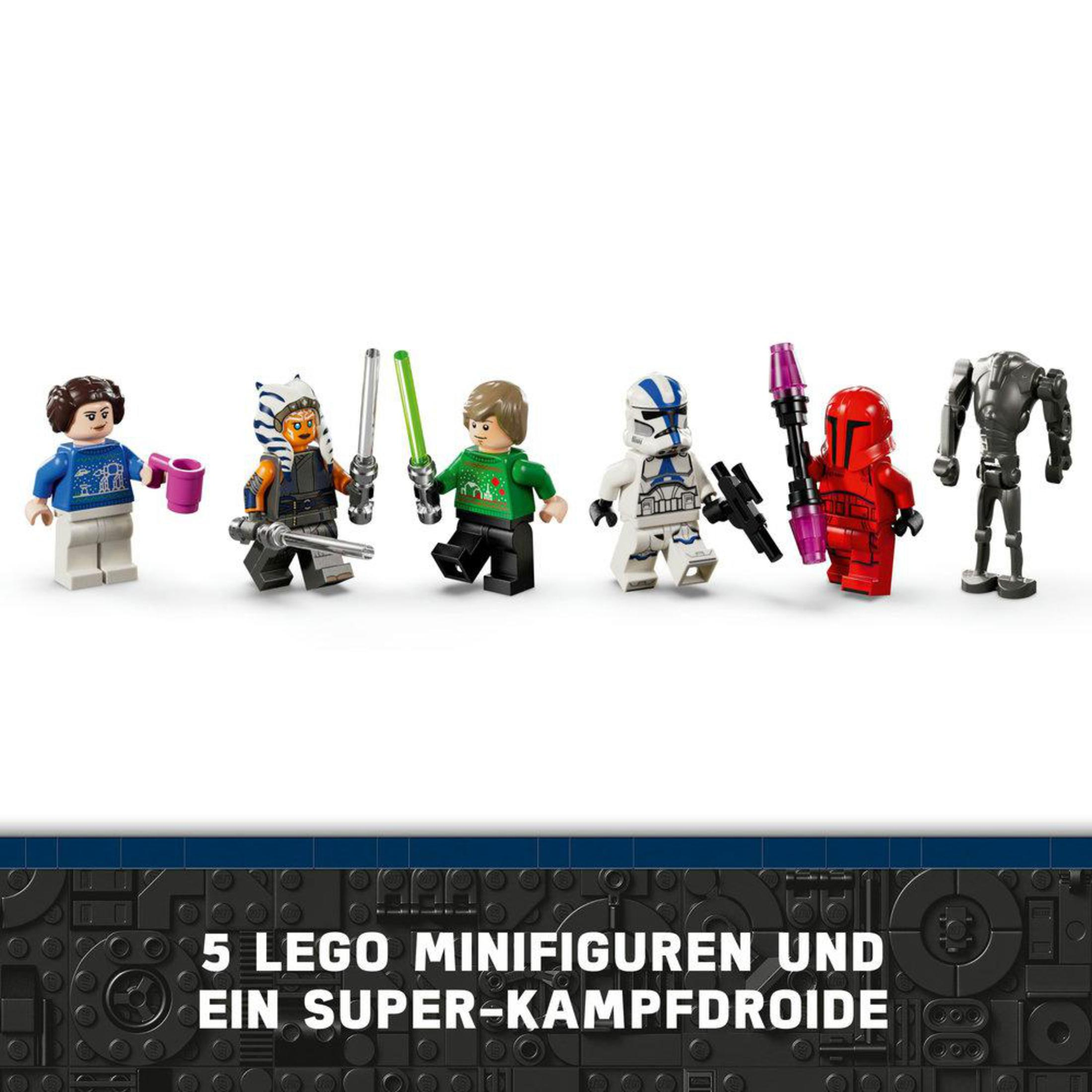 Sechs Lego-Minifiguren: zwei Jedi, zwei Klonkrieger, ein Droide und ein Mädchen mit Becher.