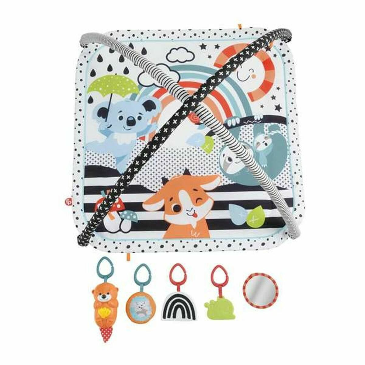 Alfombra de juego para bebés con animales y diseño de arcoíris, más juguetes.